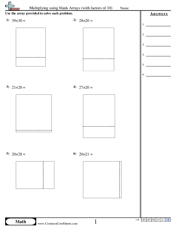 4.nbt.5 Worksheets - Multiplying using Arrays (with factors of 10) worksheet
